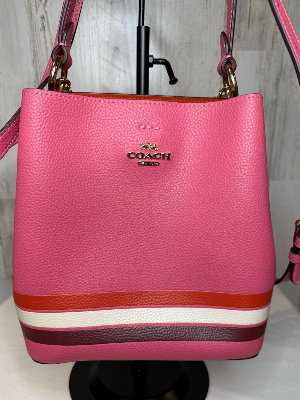 Coach Pink Pebbled Leather Town Bucket Bag Pink Color Block 21’ C6080